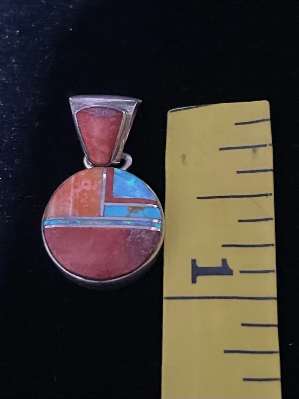 S. Martin Sterling Silver Coral and Opal Inlay Round Pendant - Orange Blue